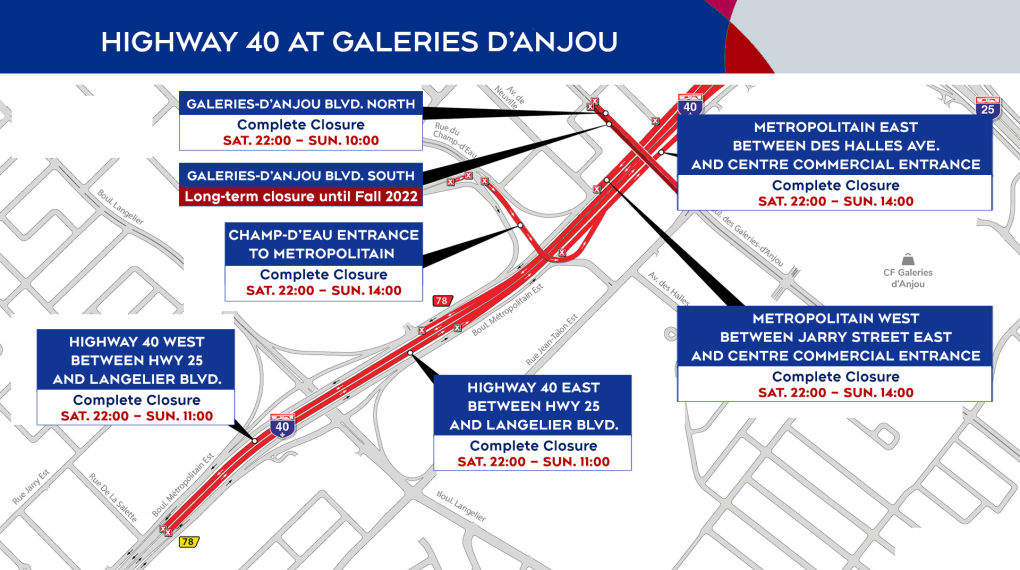 حالات ازدحام بالقرب من تقاطعات Anjou و Turcot و Saint-Pierre خلال عطلة نهاية الأسبوع