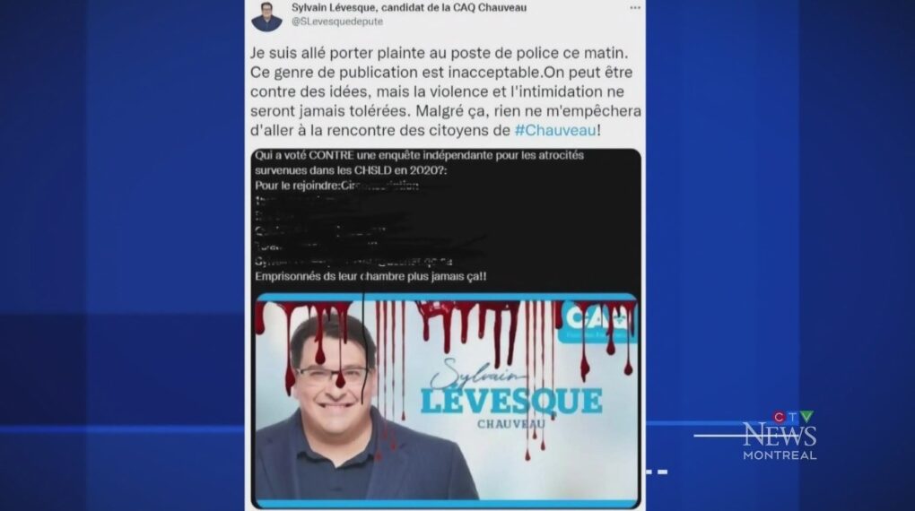 القبض على رجل بعد قيامه بتشويه صور مرشح CAQ وجعلها ملطخة بالدم