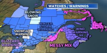 تحذير : عاصفة كبيرة من الثلوج والأمطار المتجمّدة تتحرك باتجاه كيبيك ليلة الخميس