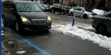 سيارة تسير في طريق مُخصّص للدراجات في مونتريال