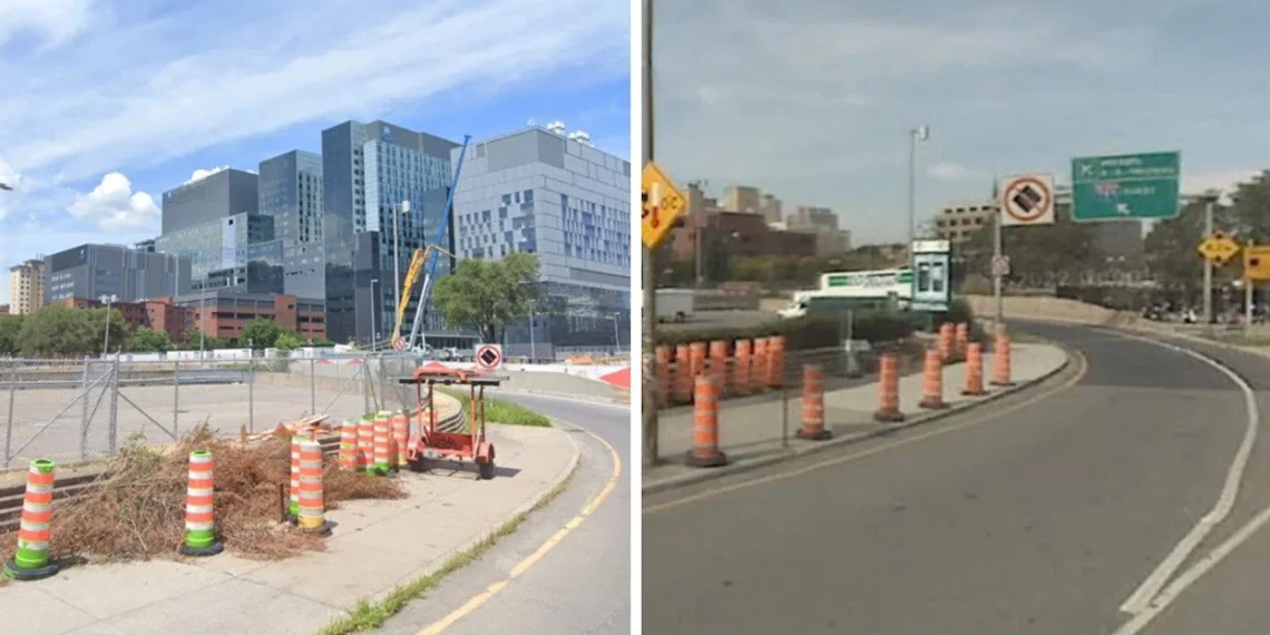 مجموعة من الصور تُظهر عدة مخاريط برتقالية موجودة في نفس المكان في مونتريال منذ 15 عاماً على الأقل