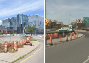 مجموعة من الصور تُظهر عدة مخاريط برتقالية موجودة في نفس المكان في مونتريال منذ 15 عاماً على الأقل