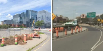 مجموعة من الصور تُظهر عدة مخاريط برتقالية موجودة في نفس المكان في مونتريال منذ 15 عاماً على الأقل